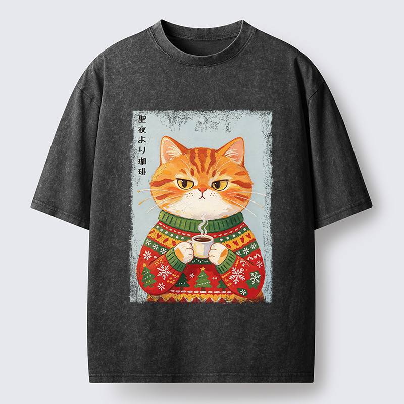 Tokyo-Tiger Christmas Coffee Cat Art Washed T-Shirt