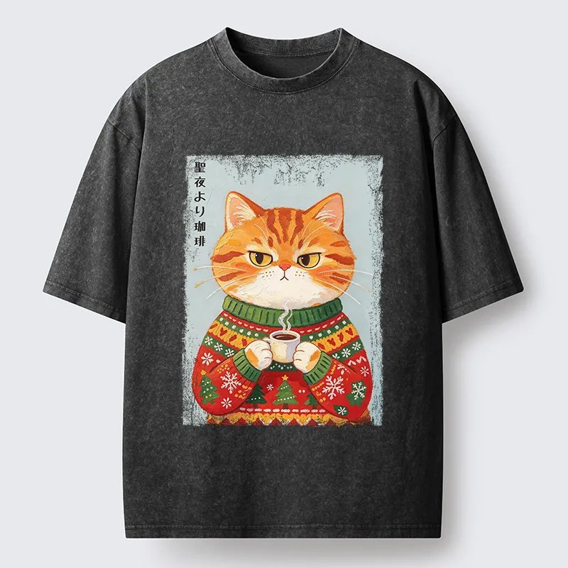 Tokyo‑Tiger Christmas Coffee Cat Art Washed T‑Shirt Sale