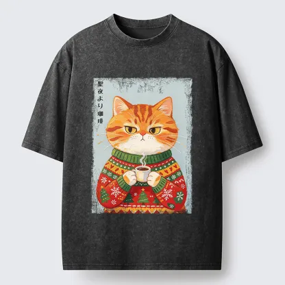 Tokyo-Tiger Christmas Coffee Cat Art Washed T-Shirt
