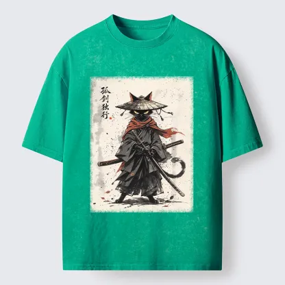 Tokyo-Tiger Lone Samurai Cat Ink Art Washed T-Shirt