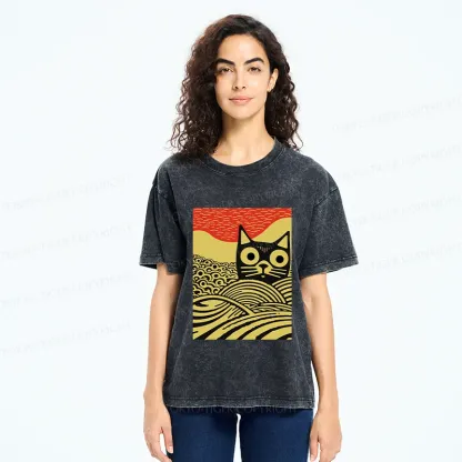 Tokyo-Tiger Woodcut Cat and Wave Washed T-Shirt