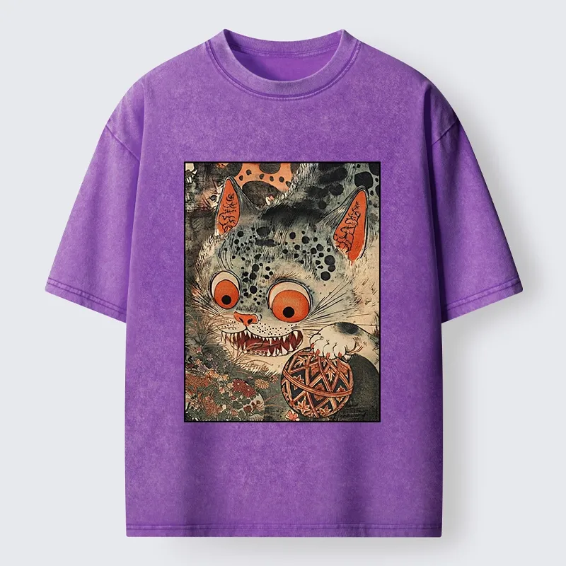 Tokyo‑Tiger Funny Yokai Cat Washed T‑Shirt
