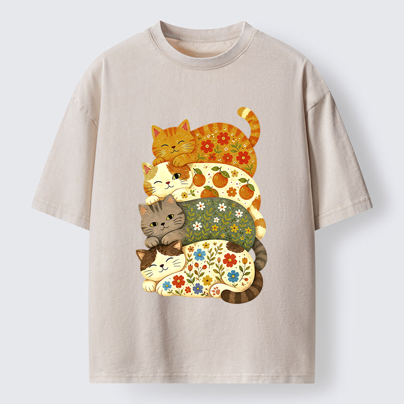 Tokyo‑Tiger Stacked Floral Cats Washed T‑Shirt