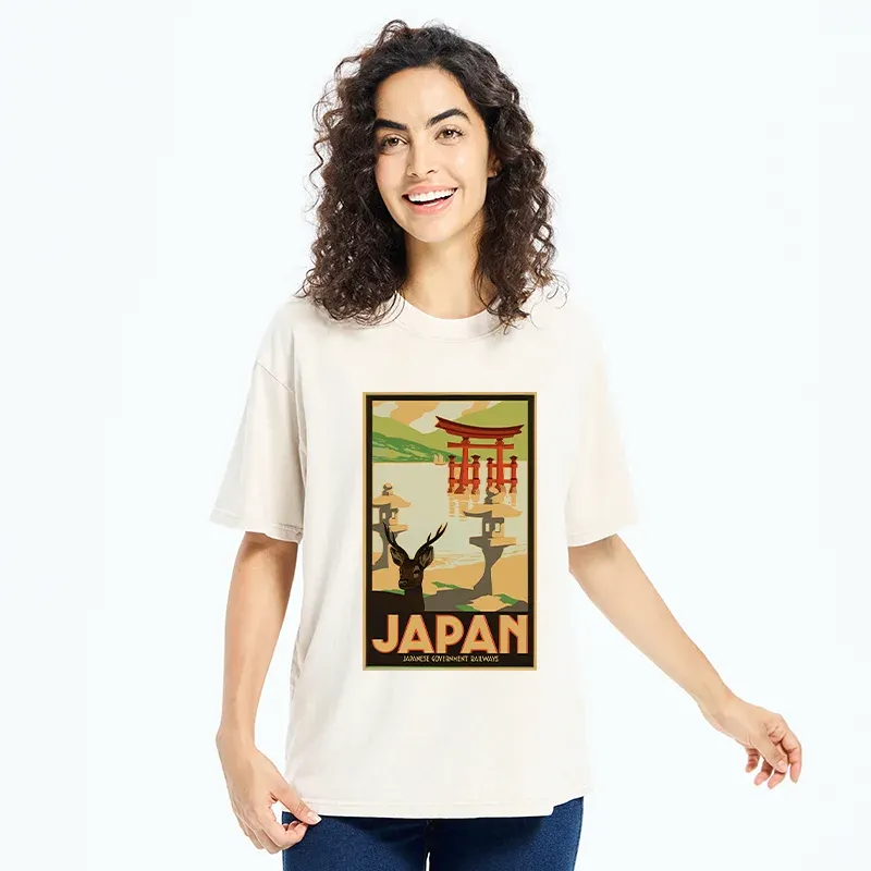 Tokyo-Tiger Japanese Deer And Scenery Washed T-Shirt