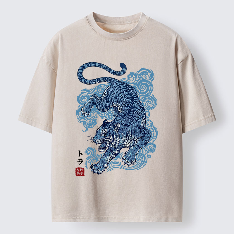 Tokyo-Tiger Japanese Blue Tiger Wave Art Washed T-Shirt
