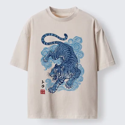 Tokyo-Tiger Japanese Blue Tiger Wave Art Washed T-Shirt