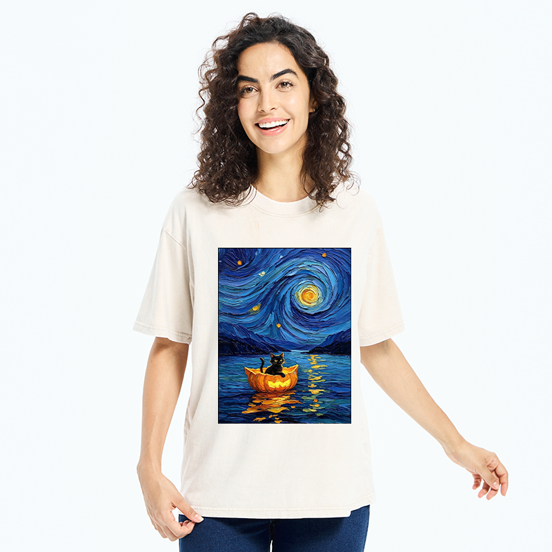 Tokyo‑Tiger Pumpkin Boat Cat Washed T-Shirt