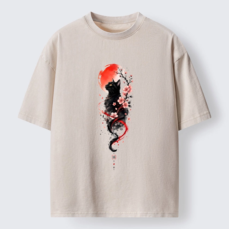 Tokyo‑Tiger Sakura Black Cat Art Washed T‑Shirt