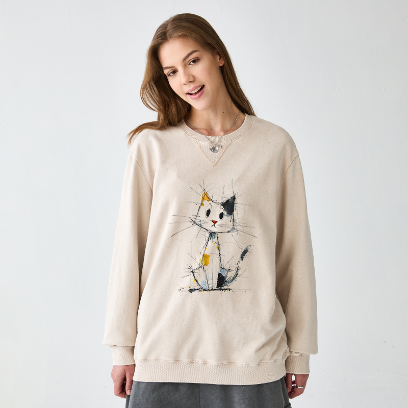 Tokyo-Tiger Minimal Splash Ink Cute Cat Washed Terry Sweatshirt