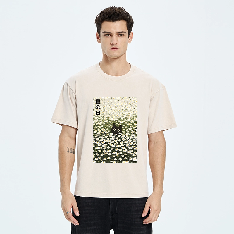 Tokyo-Tiger Summer Day Daisies Black Cat Washed T-Shirt