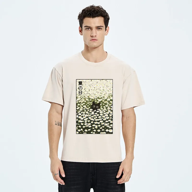 Tokyo-Tiger Summer Day Daisies Black Cat Washed T-Shirt