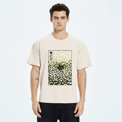 Tokyo-Tiger Summer Day Daisies Black Cat Washed T-Shirt