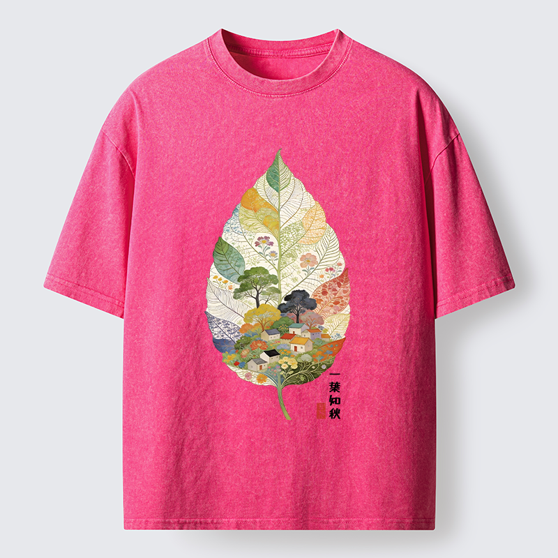 Tokyo-Tiger Autumn Leaf Village Scenery Art Washed T-Shirt