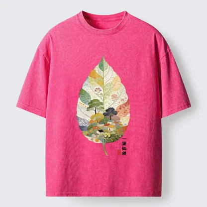 Tokyo-Tiger Autumn Leaf Village Scenery Art Washed T-Shirt