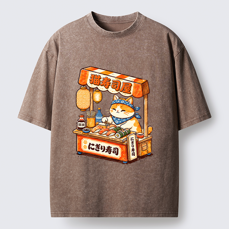 Tokyo-Tiger Cute Cat Running A Sushi Stall Washed T-Shirt