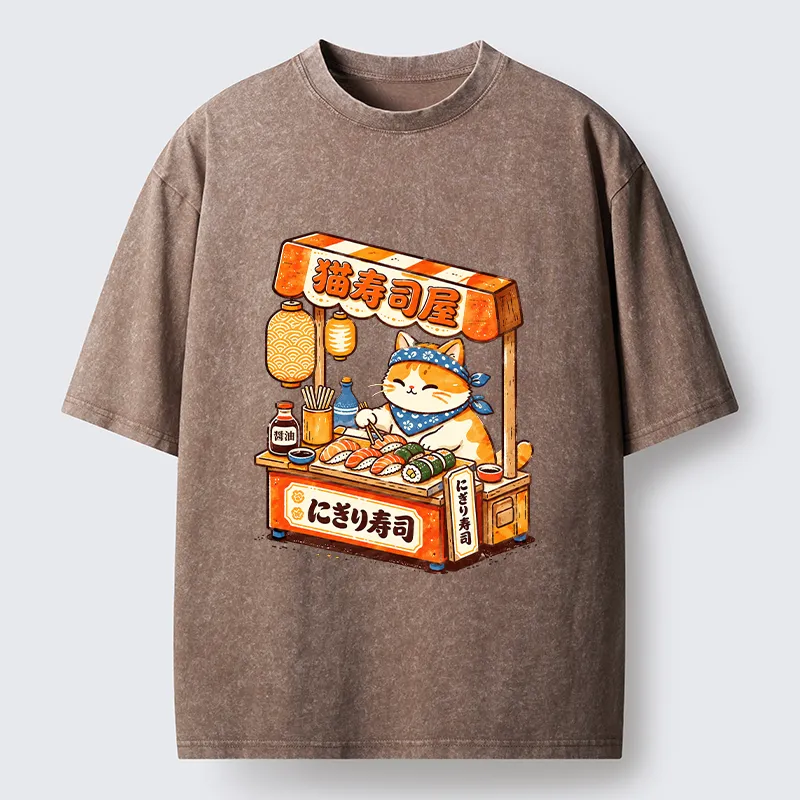 Tokyo-Tiger Cute Cat Running A Sushi Stall Washed T-Shirt