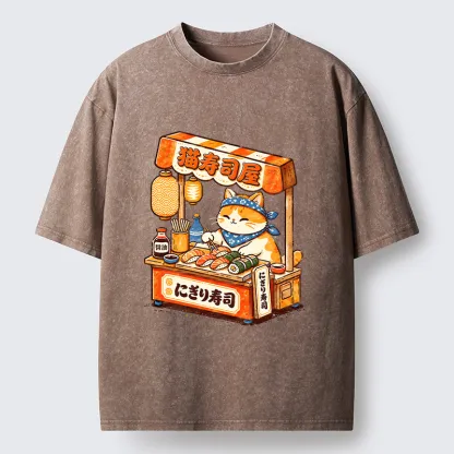 Tokyo-Tiger Cute Cat Running A Sushi Stall Washed T-Shirt