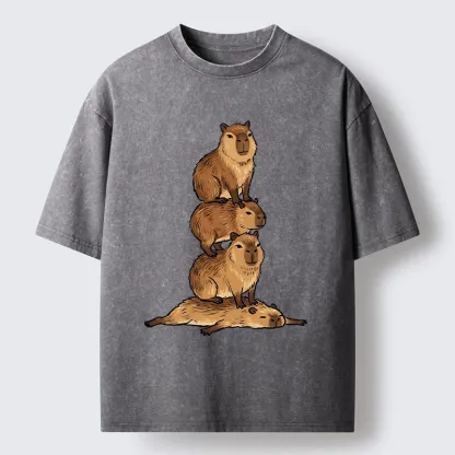 Tokyo-Tiger Chill Stack Capybara Meme Washed T-Shirt