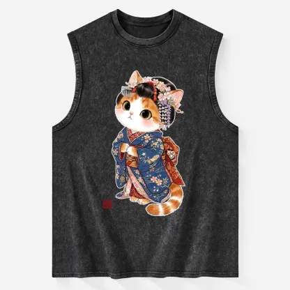 Tokyo-Tiger Cat Dressed As A Geisha Funny Washed Tank