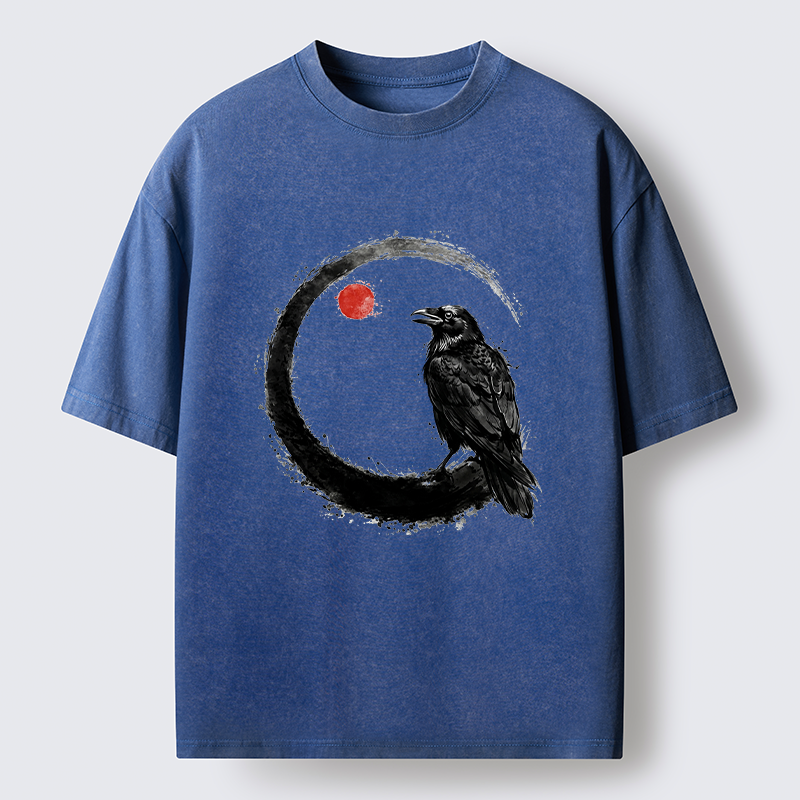 Tokyo-Tiger Japanese Circle Crow Scene Washed T-Shirt