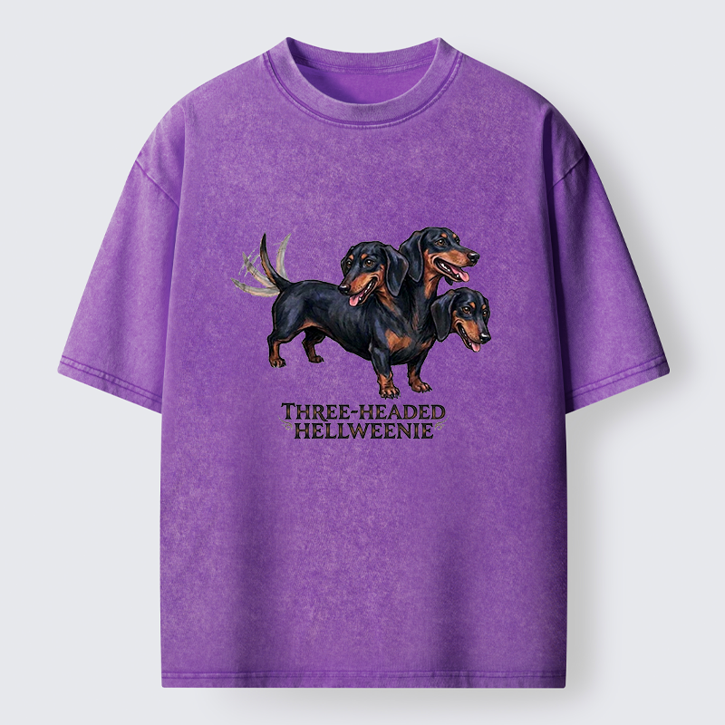 Tokyo-Tiger Three-headed Hellweenie Dachshund Dog Washed T-Shirt