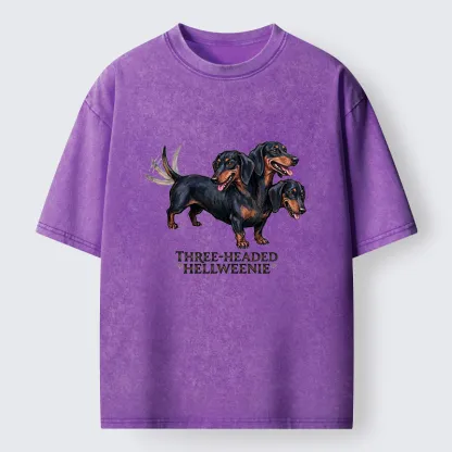 Tokyo-Tiger Three-headed Hellweenie Dachshund Dog Washed T-Shirt