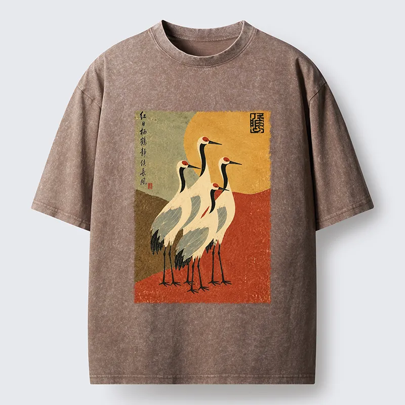 Tokyo-Tiger Oriental Crane Group Painting Washed T-Shirt