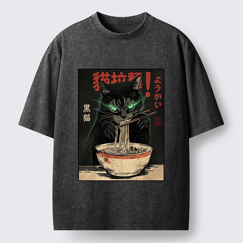 Tokyo‑Tiger Black Cat Ramen Feast Washed T‑Shirt