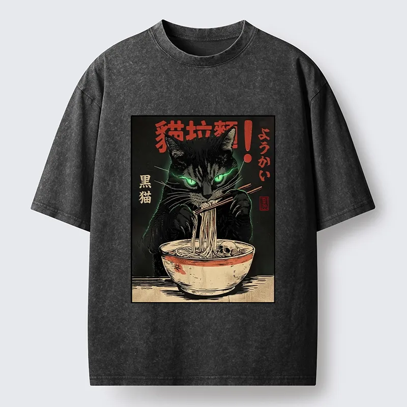 Tokyo‑Tiger Black Cat Ramen Feast Washed T‑Shirt