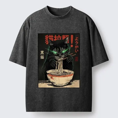 Tokyo‑Tiger Black Cat Ramen Feast Washed T‑Shirt