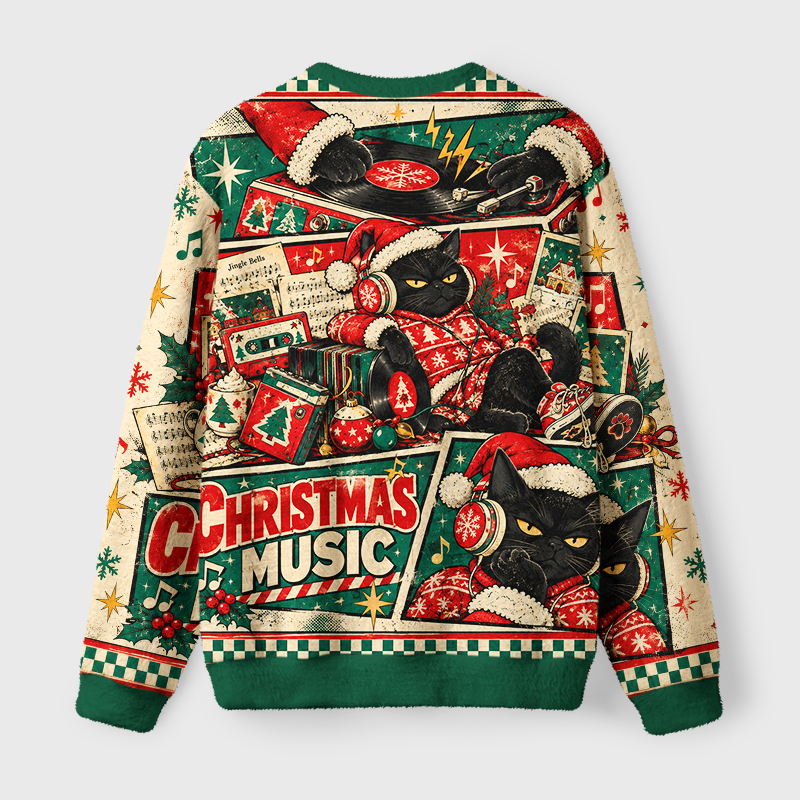 Tokyo-Tiger Christmas Music Black Cat Fuzzy Christmas Ugly Sweatshirt