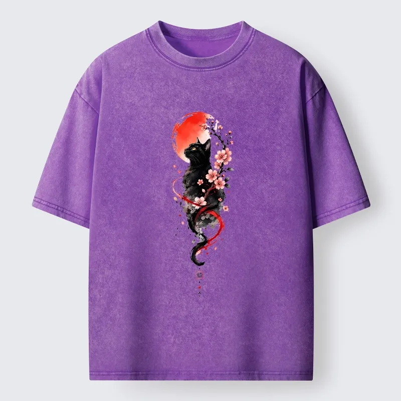 Tokyo‑Tiger Sakura Black Cat Art Washed T‑Shirt