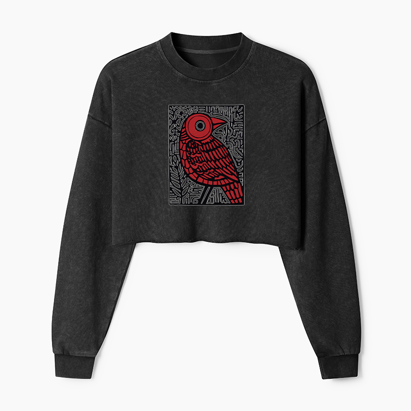 Tokyo-Tiger Retro Woodblock Bird Washed Crop Sweatshirt
