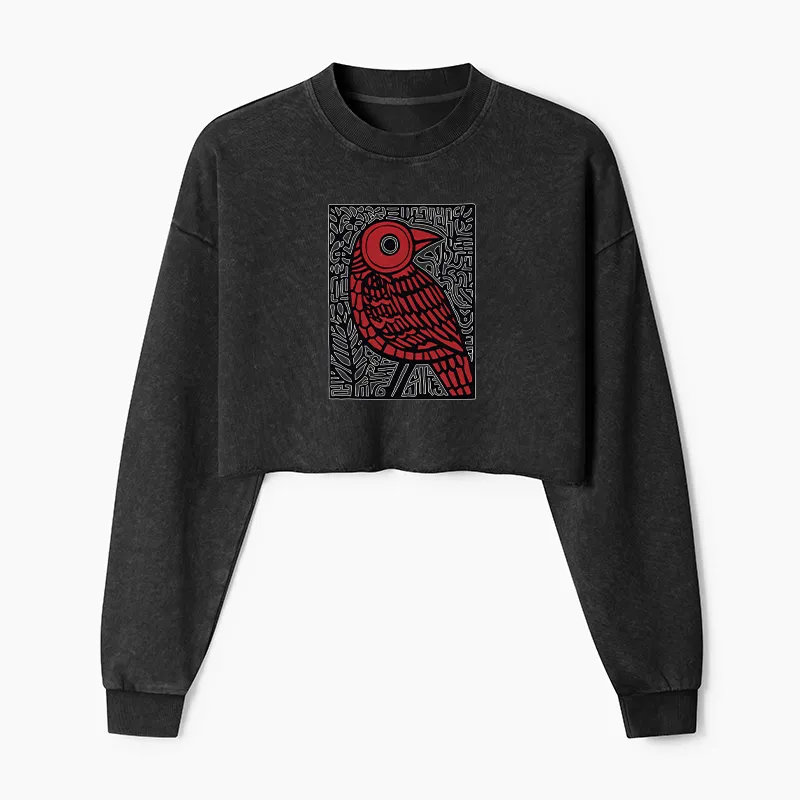 Tokyo-Tiger Retro Woodblock Bird Washed Crop Sweatshirt