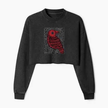 Tokyo-Tiger Retro Woodblock Bird Washed Crop Sweatshirt