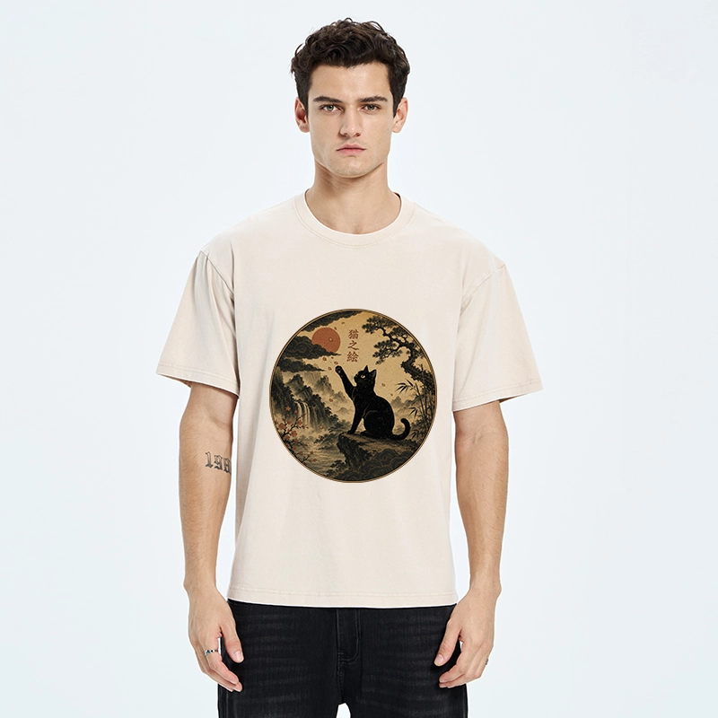 Tokyo-Tiger Serene Nature Scene Of Curious Ink Black Cat Washed T-Shirt