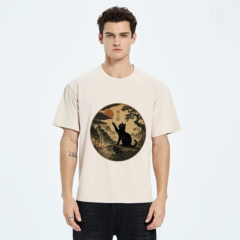 Tokyo-Tiger Serene Nature Scene Of Curious Ink Black Cat Washed T-Shirt
