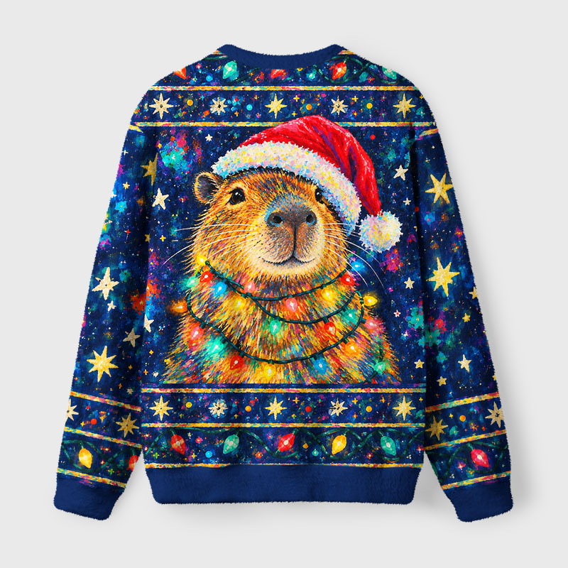 Tokyo-Tiger Christmas Capybara Lights Fuzzy Christmas Ugly Sweatshirt