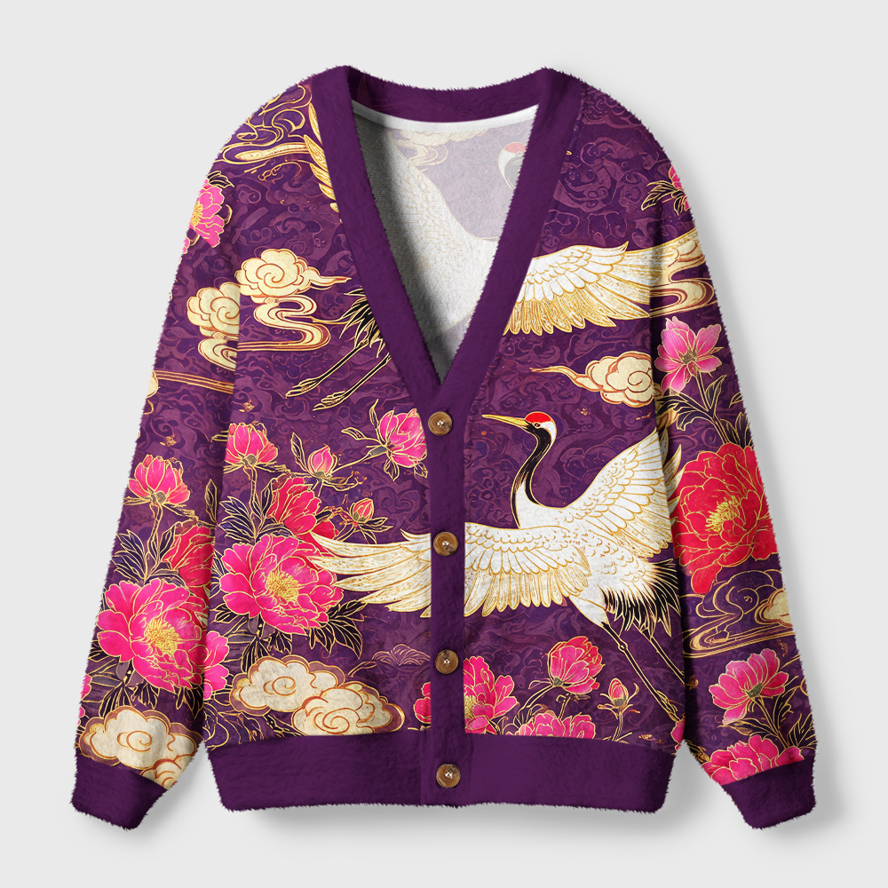 Tokyo-Tiger Purple Mist Flower Crane Ugly Cardigan Sweater