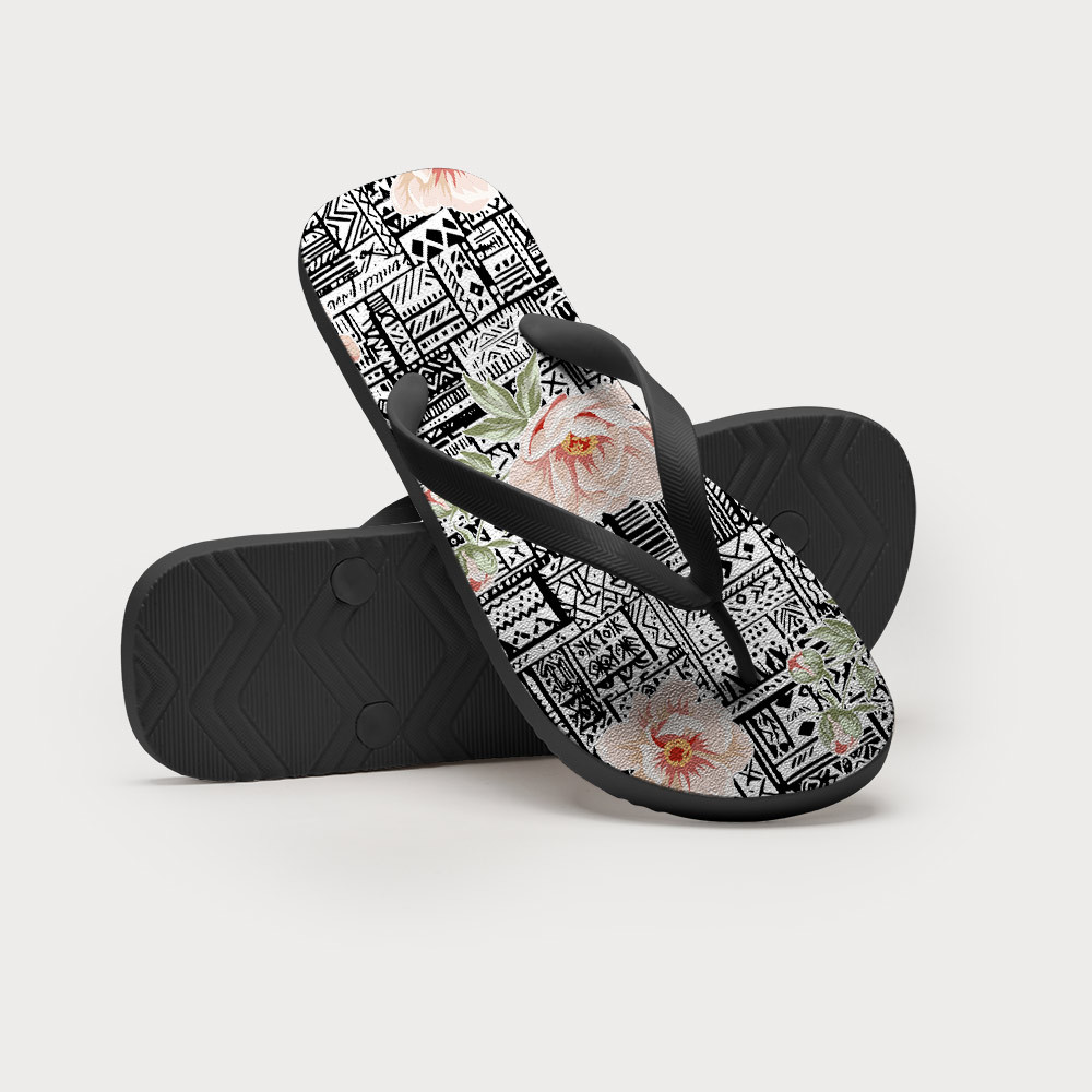 Tokyo-Tiger Flowers In Line Art Flip Flops