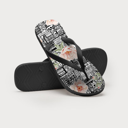 Tokyo-Tiger Flowers In Line Art Flip Flops