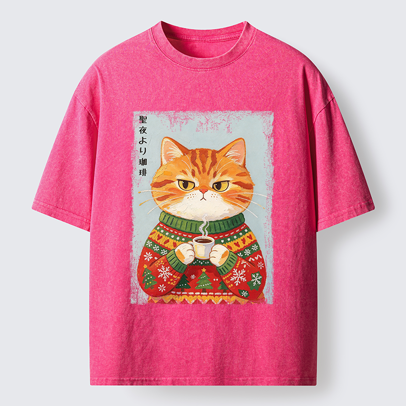 Tokyo-Tiger Christmas Coffee Cat Art Washed T-Shirt
