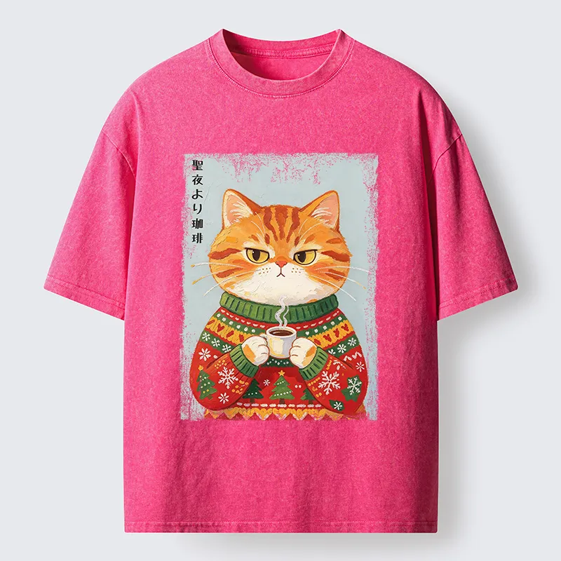 Tokyo-Tiger Christmas Coffee Cat Art Washed T-Shirt
