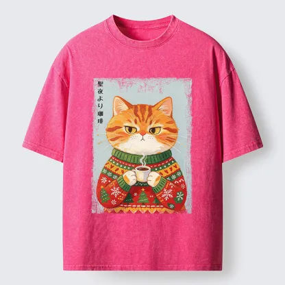 Tokyo-Tiger Christmas Coffee Cat Art Washed T-Shirt