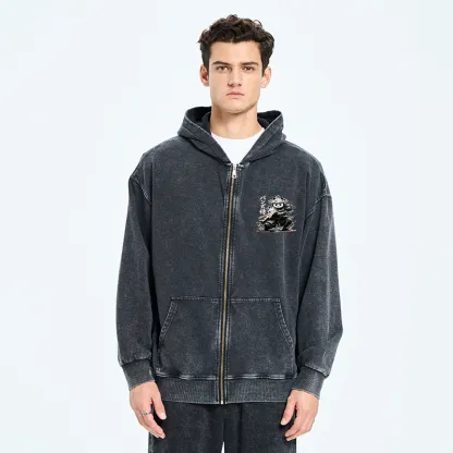Tokyo-Tiger Panda Samurai Warrior Washed Zip Hoodie
