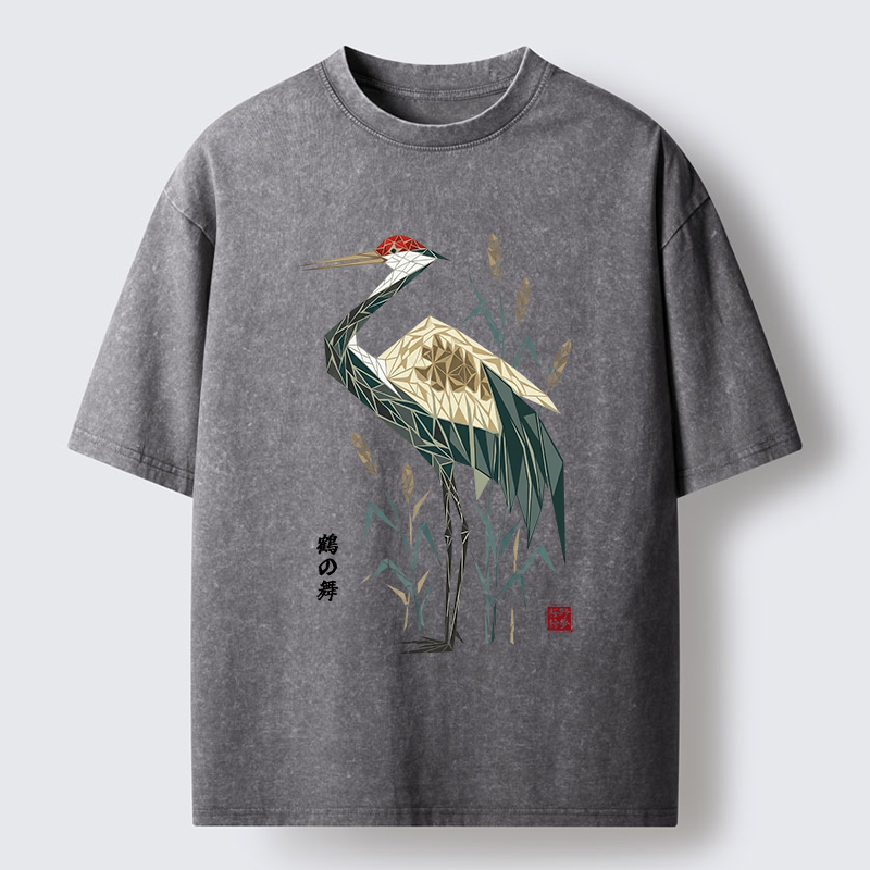 Tokyo-Tiger Geometric Crane Oriental Art Washed T-Shirt