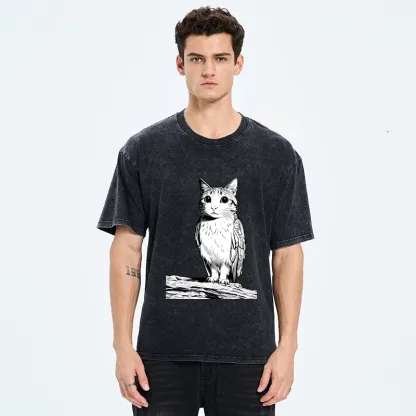 Tokyo-Tiger Funny Cat Owl Fusion Art Washed T-Shirt