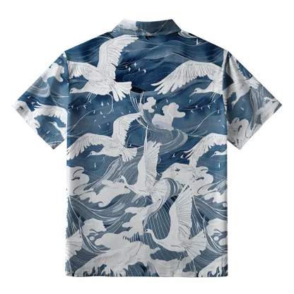Tokyo-Tiger Graceful Cranes On Waves Aloha Hawaiian Shirt