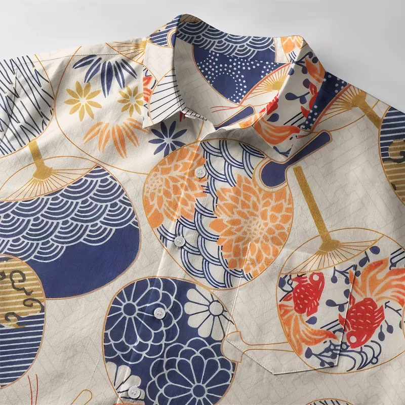 Tokyo-Tiger Japanese Uchiwa Flat Fan Button-up Shirt