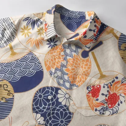 Tokyo-Tiger Japanese Uchiwa Flat Fan Button-up Shirt